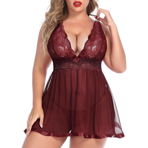 Avidlove Women Plus Size Babydoll Lingerie Lace Chemise Mesh Sleepwear(Dark Red)