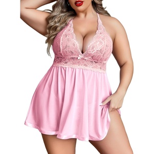 Avidlove Women Plus Size Babydoll Lingerie Lace Chemise Mesh Sleepwear(Light Pink)