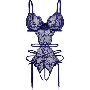 Avidlove Women’s Deep V Teddy Lingerie Sexy Lace Bodysuit Cut Out Garter Lingerie Sets(Navy Blue)