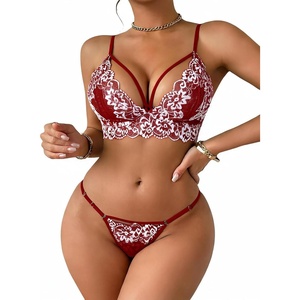 Avidlove Womens Lingerie 2 Piece Lace Babydoll Sexy V Neck Bra and Panty Sets(Dark Red)