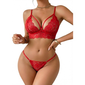 Avidlove Womens Lingerie 2 Piece Lace Babydoll Sexy V Neck Bra and Panty Sets(Pure Red)