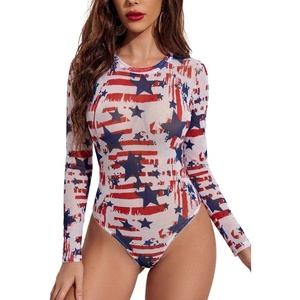 Avidlove Womens Mesh Long Sleeve Bodysuit Round Neck Sheer Leotards Geo Print Bodysuit Top with Snap Crotch(Independence Day)