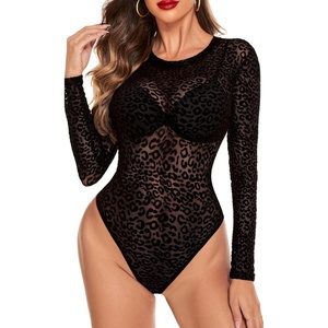 Avidlove Womens Mesh Long Sleeve Bodysuit Round Neck Sheer Leotards Geo Print Bodysuit Top with Snap Crotch(Leopard Pattern)