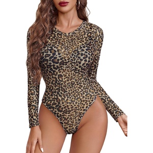 Avidlove Womens Mesh Long Sleeve Bodysuit Round Neck Sheer Leotards Geo Print Bodysuit Top with Snap Crotch(Leopard-02)