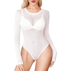 Avidlove Womens Mesh Long Sleeve Bodysuit Round Neck Sheer Leotards Geo Print Bodysuit Top with Snap Crotch(White)