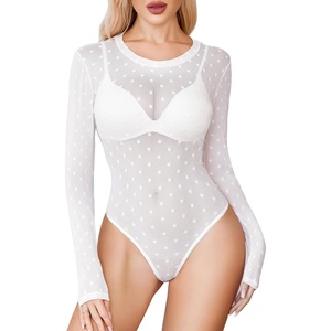 Avidlove Womens Mesh Long Sleeve Bodysuit Round Neck Sheer Leotards Geo Print Bodysuit Top with Snap Crotch(White Polka Dots)