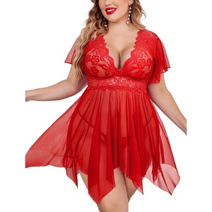 Avidlove Women’s Plus Size Babydoll Floral Lace Lingerie Deep V Nighty Mesh Sleepwear(Carmine Red)