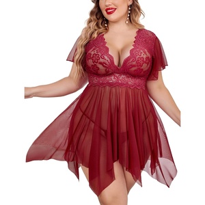 Avidlove Women’s Plus Size Babydoll Floral Lace Lingerie Deep V Nighty Mesh Sleepwear(Dark Red)