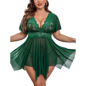 Avidlove Women’s Plus Size Babydoll Floral Lace Lingerie Deep V Nighty Mesh Sleepwear(Green)
