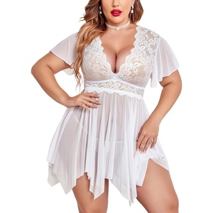 Avidlove Women’s Plus Size Babydoll Floral Lace Lingerie Deep V Nighty Mesh Sleepwear(Pure White)
