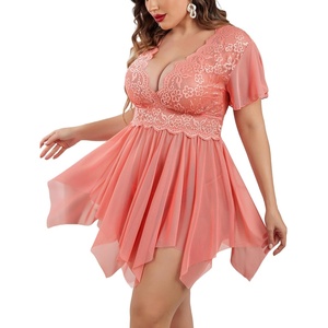 Avidlove Women’s Plus Size Babydoll Floral Lace Lingerie Deep V Nighty Mesh Sleepwear(Rose Pink)