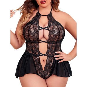 Avidlove Womens Plus Size Lingerie Lace Bodysuit Teddy Deep V One Piece Lace Babydoll(Black)