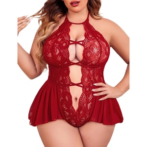 Avidlove Womens Plus Size Lingerie Lace Bodysuit Teddy Deep V One Piece Lace Babydoll(Cardinal Red)