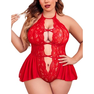 Avidlove Womens Plus Size Lingerie Lace Bodysuit Teddy Deep V One Piece Lace Babydoll(Carmine Red)