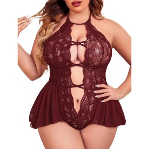 Avidlove Womens Plus Size Lingerie Lace Bodysuit Teddy Deep V One Piece Lace Babydoll(Dark Red)