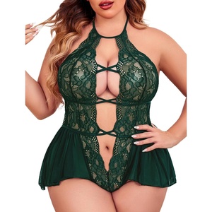 Avidlove Womens Plus Size Lingerie Lace Bodysuit Teddy Deep V One Piece Lace Babydoll(Green)