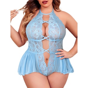 Avidlove Womens Plus Size Lingerie Lace Bodysuit Teddy Deep V One Piece Lace Babydoll(Light Blue)