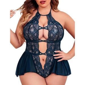 Avidlove Womens Plus Size Lingerie Lace Bodysuit Teddy Deep V One Piece Lace Babydoll(Navy Blue)
