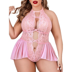 Avidlove Womens Plus Size Lingerie Lace Bodysuit Teddy Deep V One Piece Lace Babydoll(Pink)