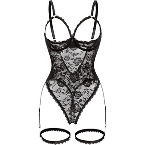 Women’s Sexy Floral Lace Teddy Lingerie with Garter Belts Backless One Piece Bodysuit Cut Out Exotic Babydoll Set(Black)