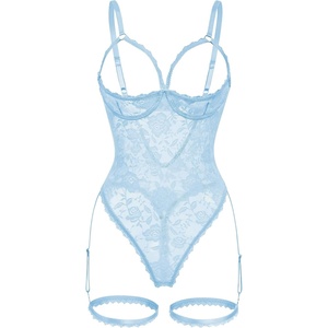 Women’s Sexy Floral Lace Teddy Lingerie with Garter Belts Backless One Piece Bodysuit Cut Out Exotic Babydoll Set(Clear Blue)