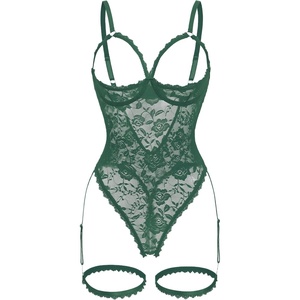 Women’s Sexy Floral Lace Teddy Lingerie with Garter Belts Backless One Piece Bodysuit Cut Out Exotic Babydoll Set(Lake Green)