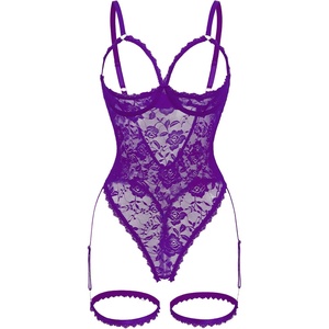 Women’s Sexy Floral Lace Teddy Lingerie with Garter Belts Backless One Piece Bodysuit Cut Out Exotic Babydoll Set(Purple)