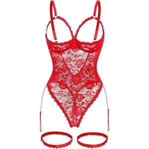 Women’s Sexy Floral Lace Teddy Lingerie with Garter Belts Backless One Piece Bodysuit Cut Out Exotic Babydoll Set(Red)