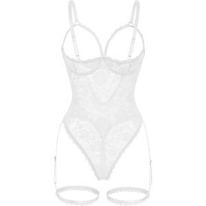 Women’s Sexy Floral Lace Teddy Lingerie with Garter Belts Backless One Piece Bodysuit Cut Out Exotic Babydoll Set(White)
