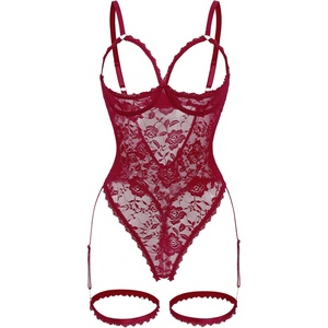 Women’s Sexy Floral Lace Teddy Lingerie with Garter Belts Backless One Piece Bodysuit Cut Out Exotic Babydoll Set(Wine Red)