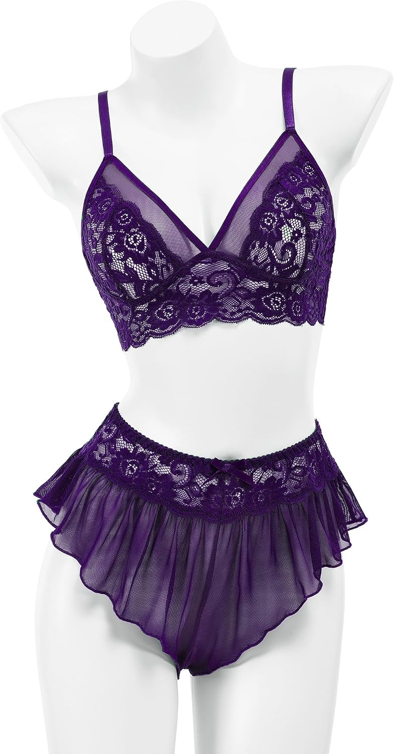 image:imageAvidlove 2 Piece Women Lace Lingerie Set Bralette Ruffled Mesh Skirt Panty 2Piece Floral Lace Lingerie Set Includes Wireless Bralette And Ruffled Mesh Skirt Panty Ideal For Intimate WearPurple