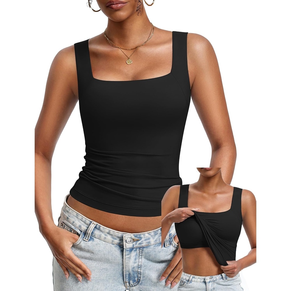 image:imageAvidlove Womens Built in Bra Tank Tops Double Lined U Neck Strechy Basic Summer Trendy Going Out TopBlack