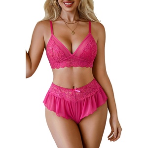 Avidlove 2 Piece Women Lace Lingerie Set Bralette Ruffled Mesh Skirt Panty | 2-Piece Floral Lace Lingerie Set Includes Wireless Bralette And Ruffled Mesh Skirt Panty. Ideal For Intimate Wear(Rose Red)