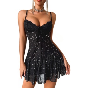 Avidlove Babydoll Lingerie for Women Fashion Leopard Lace Nightgown Mesh V-neck Sleepwear Mini Dress(Star Print)