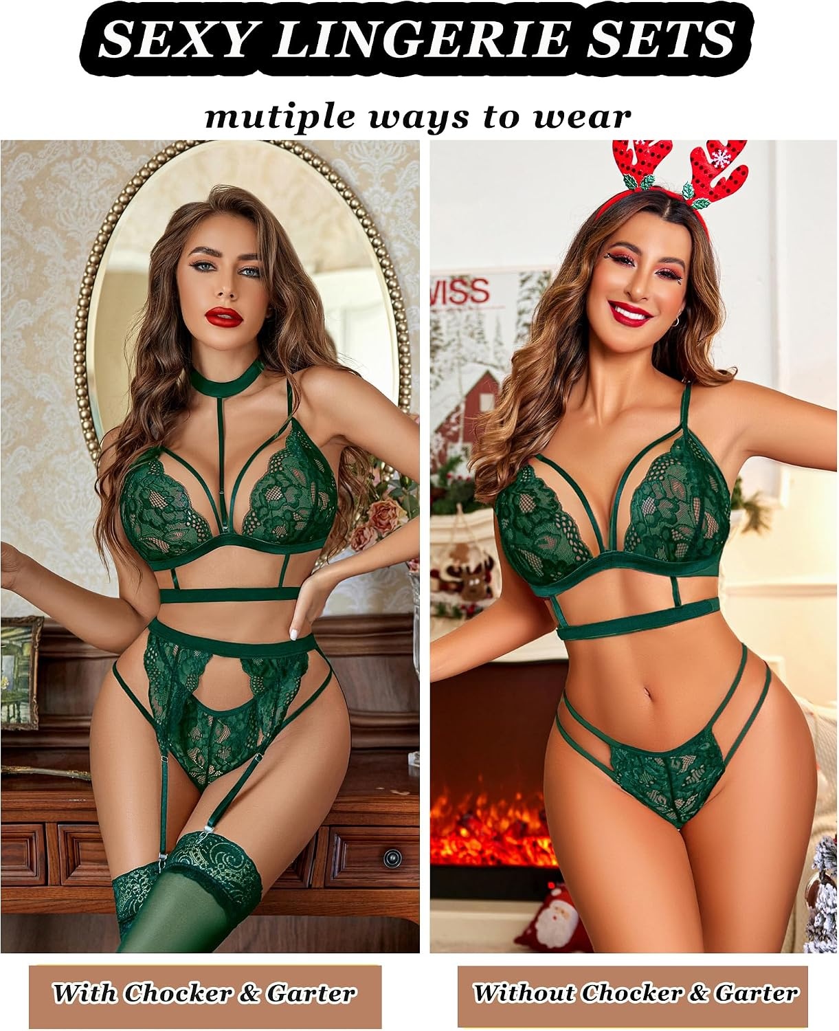 image:imageAvidlove Lingerie Sets For Women Lace Bra And Panty With Garter amp Choker 3 Pieces Sexy Set Detachable Choker And Garter Adjuatble Strap Matching Gstring Thong Valentines day Special NightsGreen