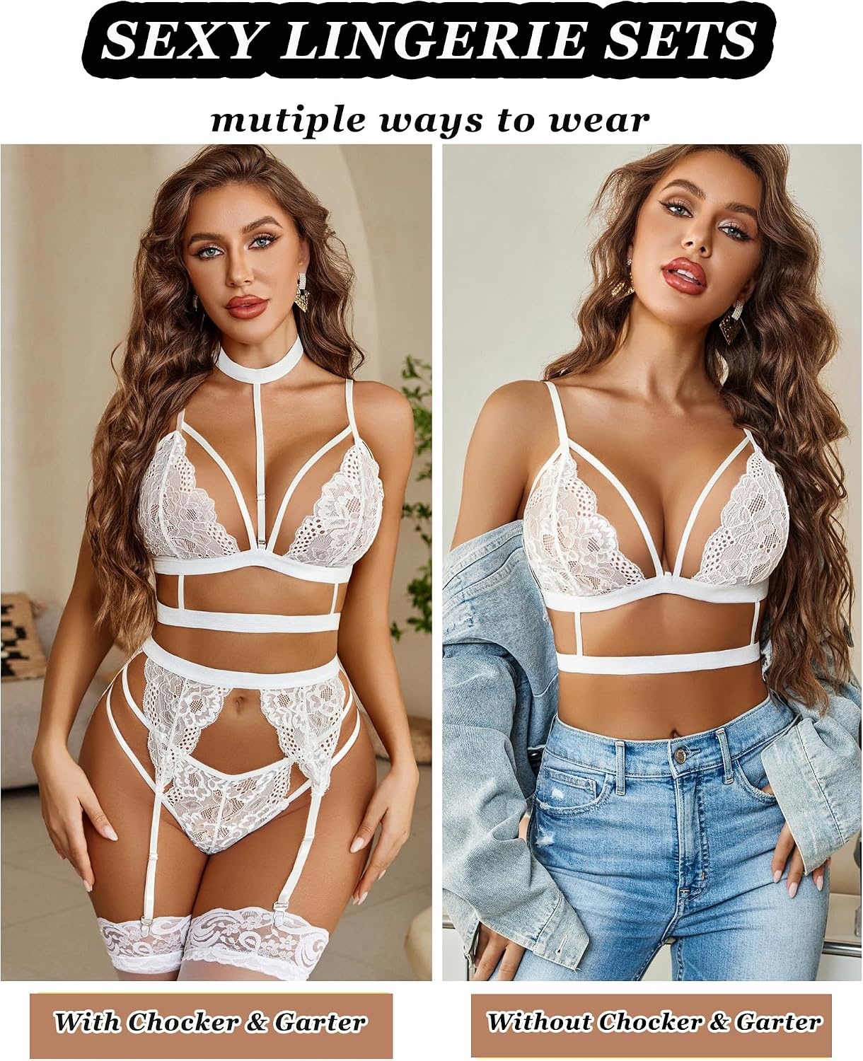 image:imageAvidlove Lingerie Sets For Women Lace Bra And Panty With Garter amp Choker 3 Pieces Sexy Set Detachable Choker And Garter Adjuatble Strap Matching Gstring Thong Valentines day Special NightsWhite