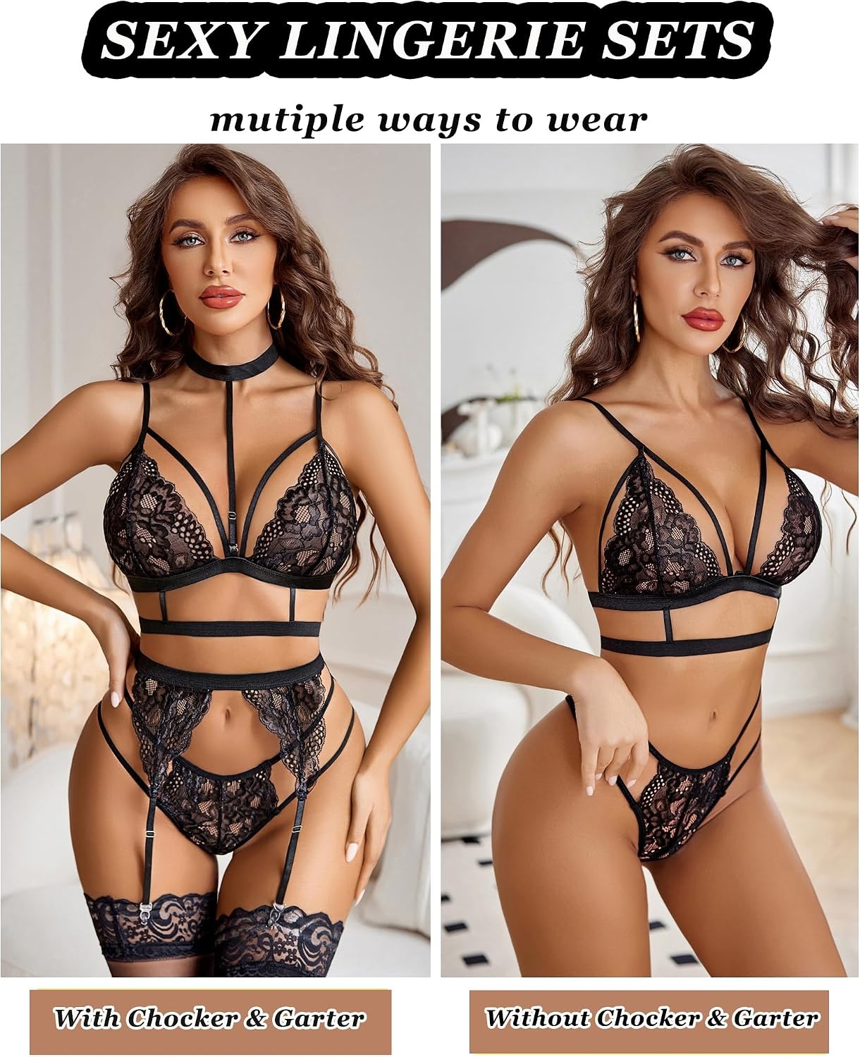 image:imageAvidlove Lingerie Sets For Women Lace Bra And Panty With Garter amp Choker 3 Pieces Sexy Set Detachable Choker And Garter Adjuatble Strap Matching Gstring Thong Valentines day Special NightsBlack