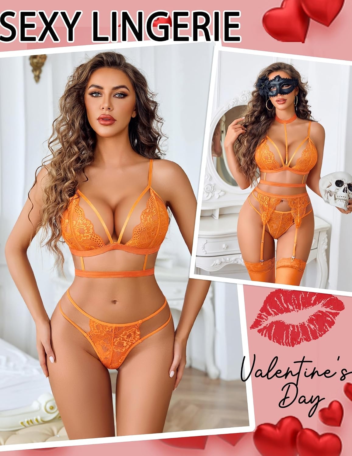 image:imageAvidlove Lingerie Sets For Women Lace Bra And Panty With Garter amp Choker 3 Pieces Sexy Set Detachable Choker And Garter Adjuatble Strap Matching Gstring Thong Valentines day Special NightsOrange
