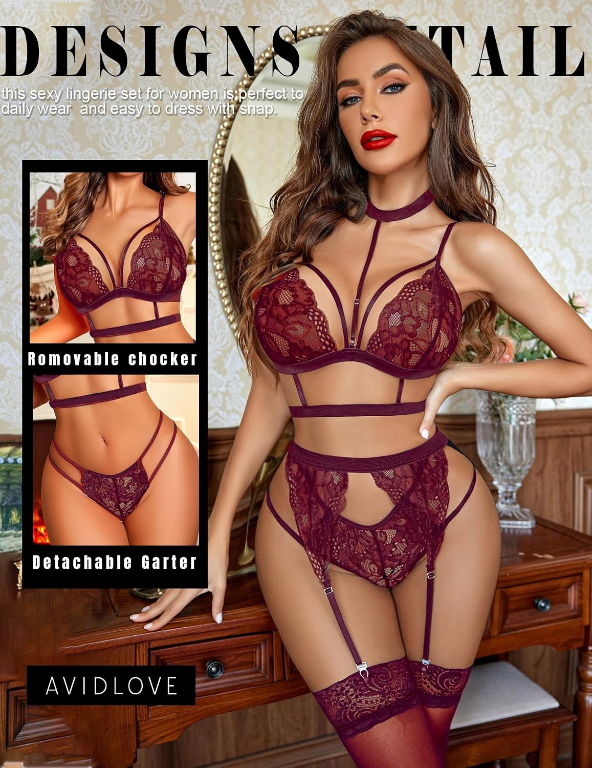 image:imageAvidlove Lingerie Sets For Women Lace Bra And Panty With Garter amp Choker 3 Pieces Sexy Set Detachable Choker And Garter Adjuatble Strap Matching Gstring Thong Valentines day Special NightsCherry Red