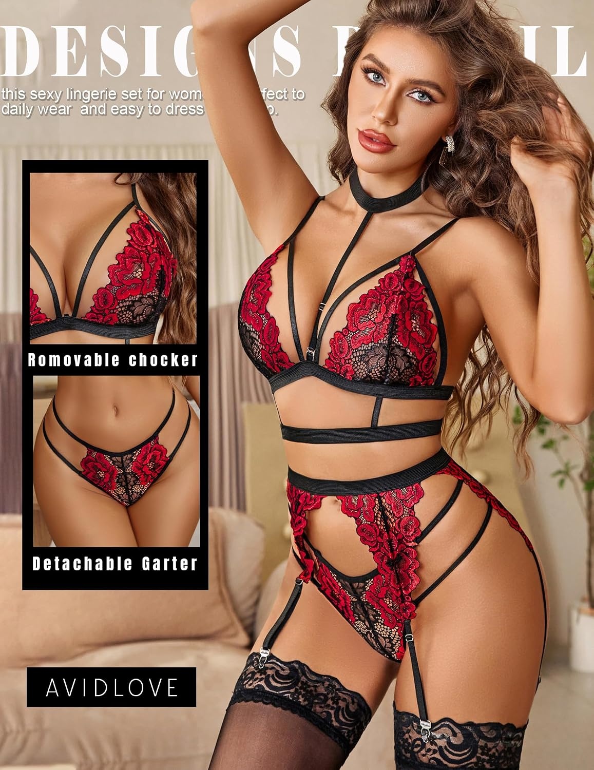 image:imageAvidlove Lingerie Sets For Women Lace Bra And Panty With Garter amp Choker 3 Pieces Sexy Set Detachable Choker And Garter Adjuatble Strap Matching Gstring Thong Valentines day Special NightsBlackred