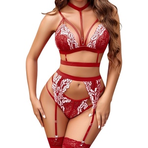 Avidlove Lingerie Sets For Women Lace Bra And Panty With Garter & Choker | 3 Pieces Sexy Set, Detachable Choker And Garter, Adjuatble Strap, Matching G-string Thong, Valentine’s day, Special Nights(White&wine Red)