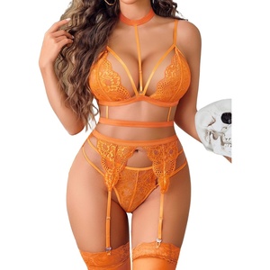 Avidlove Lingerie Sets For Women Lace Bra And Panty With Garter & Choker | 3 Pieces Sexy Set, Detachable Choker And Garter, Adjuatble Strap, Matching G-string Thong, Valentine’s day, Special Nights(Orange)