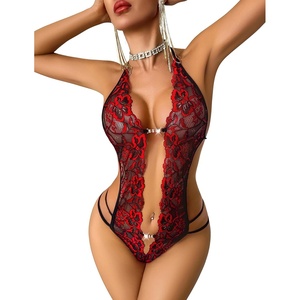 Avidlove Lingerie for Women Lace Halter Teddy Bodysuit Deep V Rhinestone | Sheer Lace Fabric, Halter Neck Tie, Back Tie Closure, Strappy Hip, Boudoir Shoots, Wedding Night, Honeymoon & Date Night(Black&true Red)