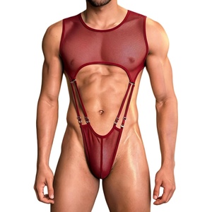 Men Sexy Lingerie Fishnet Bodysuit One Piece Lingerie Top Club Rave Outfit(Wine Red)