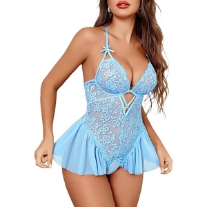 Sexy Lingerie for Women Lace Babydoll Bodysuit One Piece Teddy Sleepwear | Sexy Cut out Teddies V Neck Nighty Front Closure Lingerie set Adjustable straps Sheer Body suit Naughty Outfits(Light Blue)