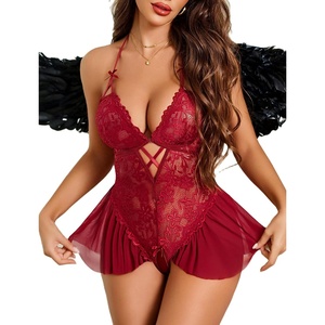 Sexy Lingerie for Women Lace Babydoll Bodysuit One Piece Teddy Sleepwear | Sexy Cut out Teddies V Neck Nighty Front Closure Lingerie set Adjustable straps Sheer Body suit Naughty Outfits(Dark Red)