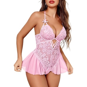 Sexy Lingerie for Women Lace Babydoll Bodysuit One Piece Teddy Sleepwear | Sexy Cut out Teddies V Neck Nighty Front Closure Lingerie set Adjustable straps Sheer Body suit Naughty Outfits(Pink)