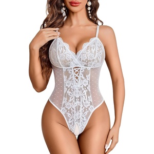 Sexy Lingerie for Women Lace Bodysuit Deep V Teddy One Piece Mini Babydoll | Sexy Cut out Teddies V Neck sleepwear nightwear adjustable straps Sheer Body suit Naughty Outfits(White)