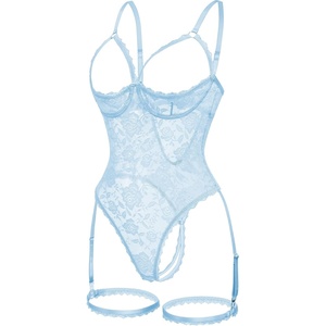 Women Sexy Floral Lace Teddy Lingerie Garter Belt Backless Bodysuit Set(Clear Blue)