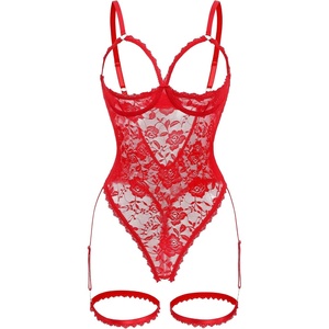 Women Sexy Floral Lace Teddy Lingerie Garter Belt Backless Bodysuit Set(Red)